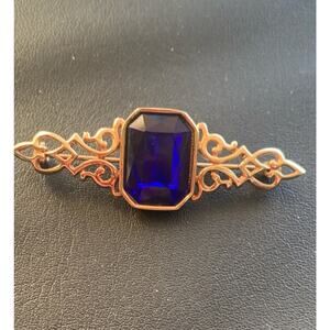 Vintage Park Lane Blue Faceted Glass Bar Pin Brooch Scrolls Gold Tone Metal
